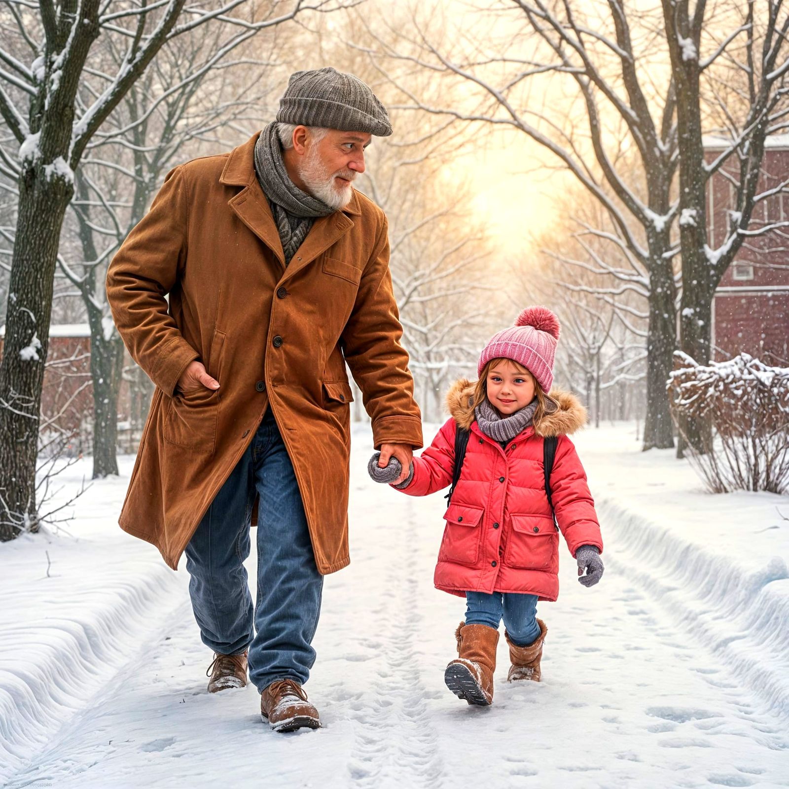 Grandfatherly Love in a Frosty Winter Scene