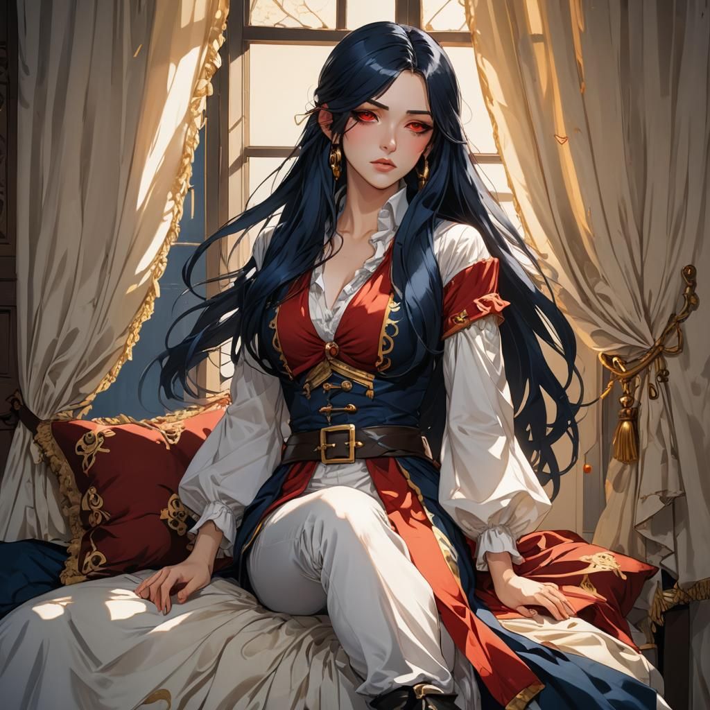 Tomboy Pirate Woman with Red Eyes in Manhwa Style