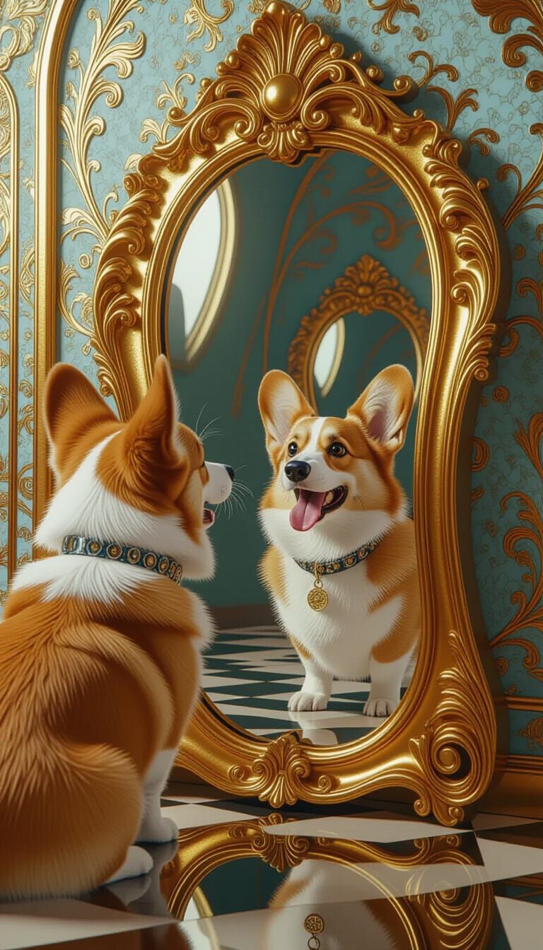 Cute Corgi Scared by Reflection in Funhouse Mirror