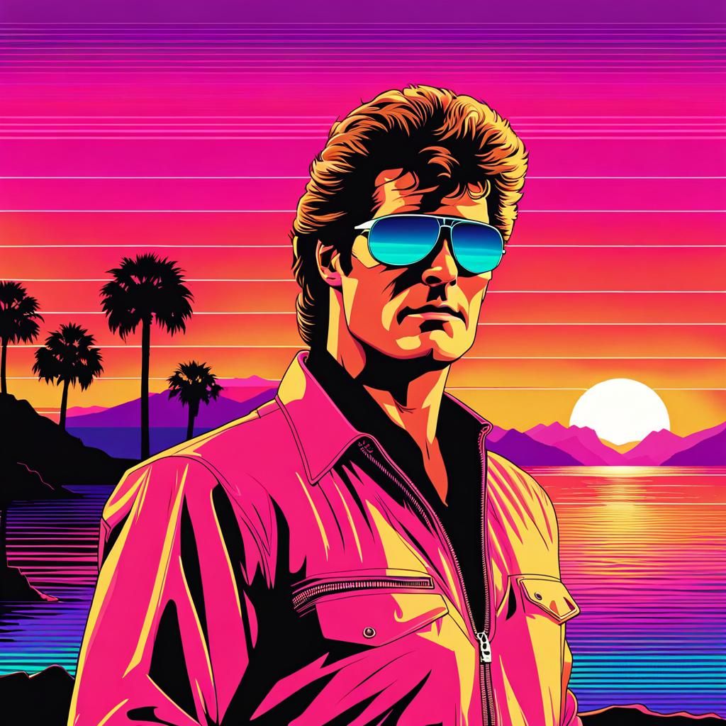David Hasselhoff Vaporwave Art: Neon Sunset Beach