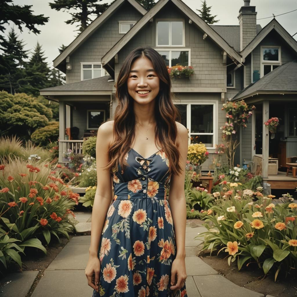 Korean Woman at Modern Beach House in Cinematic Style