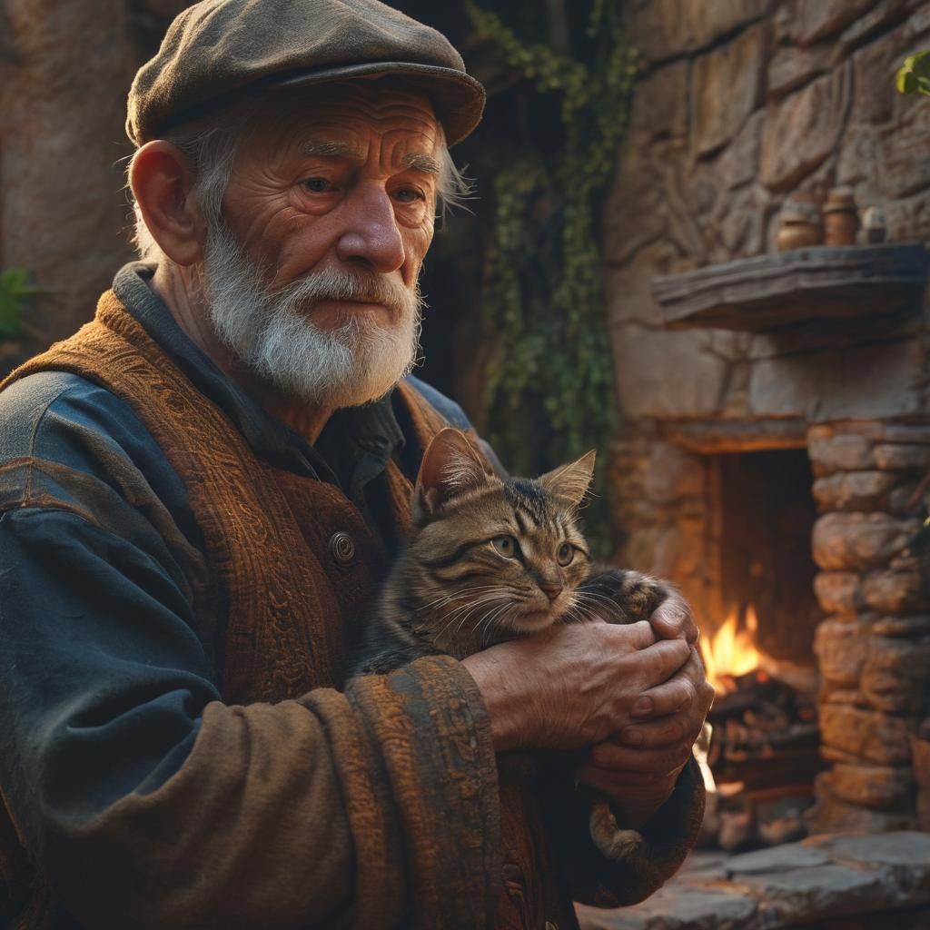 Old Man and Cat by Fireplace in Fantasy Style