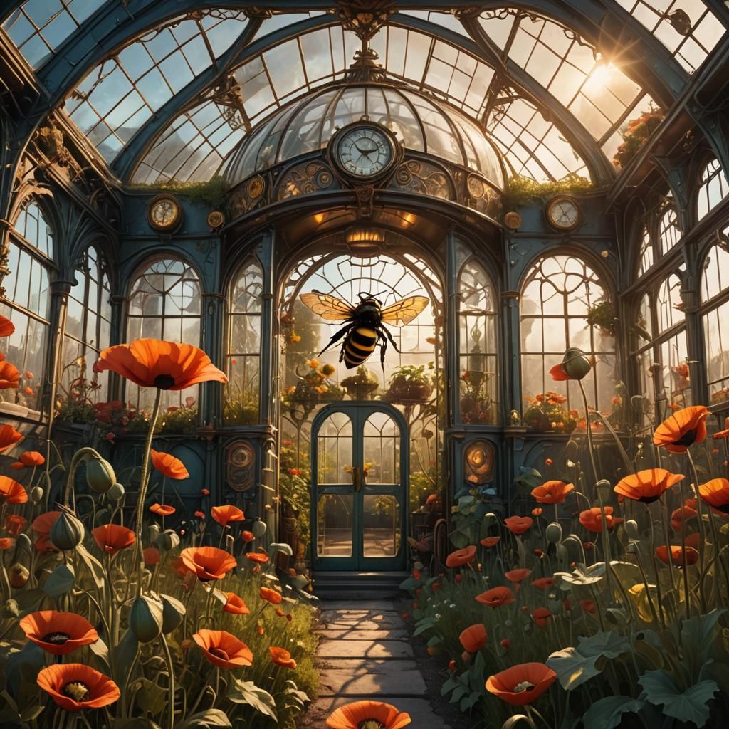 Steampunk Greenhouse with Mechanical Bumblebee