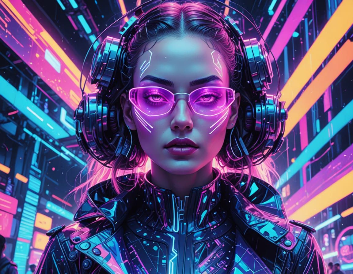 Cyberpunk Fashion Icon in Neon Holographic Elegance