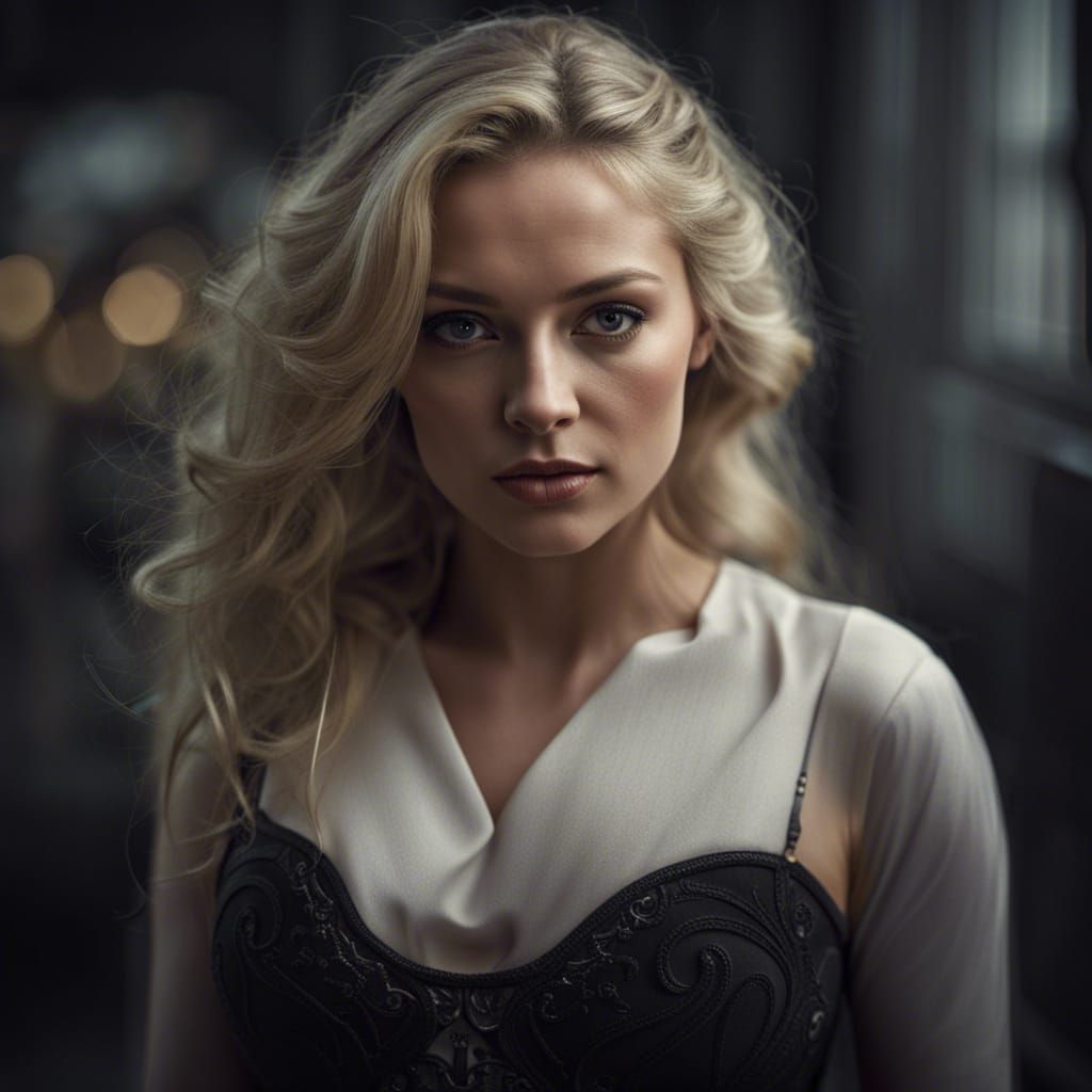 Hyperrealistic Portrait of a Blonde Woman in Black Dress