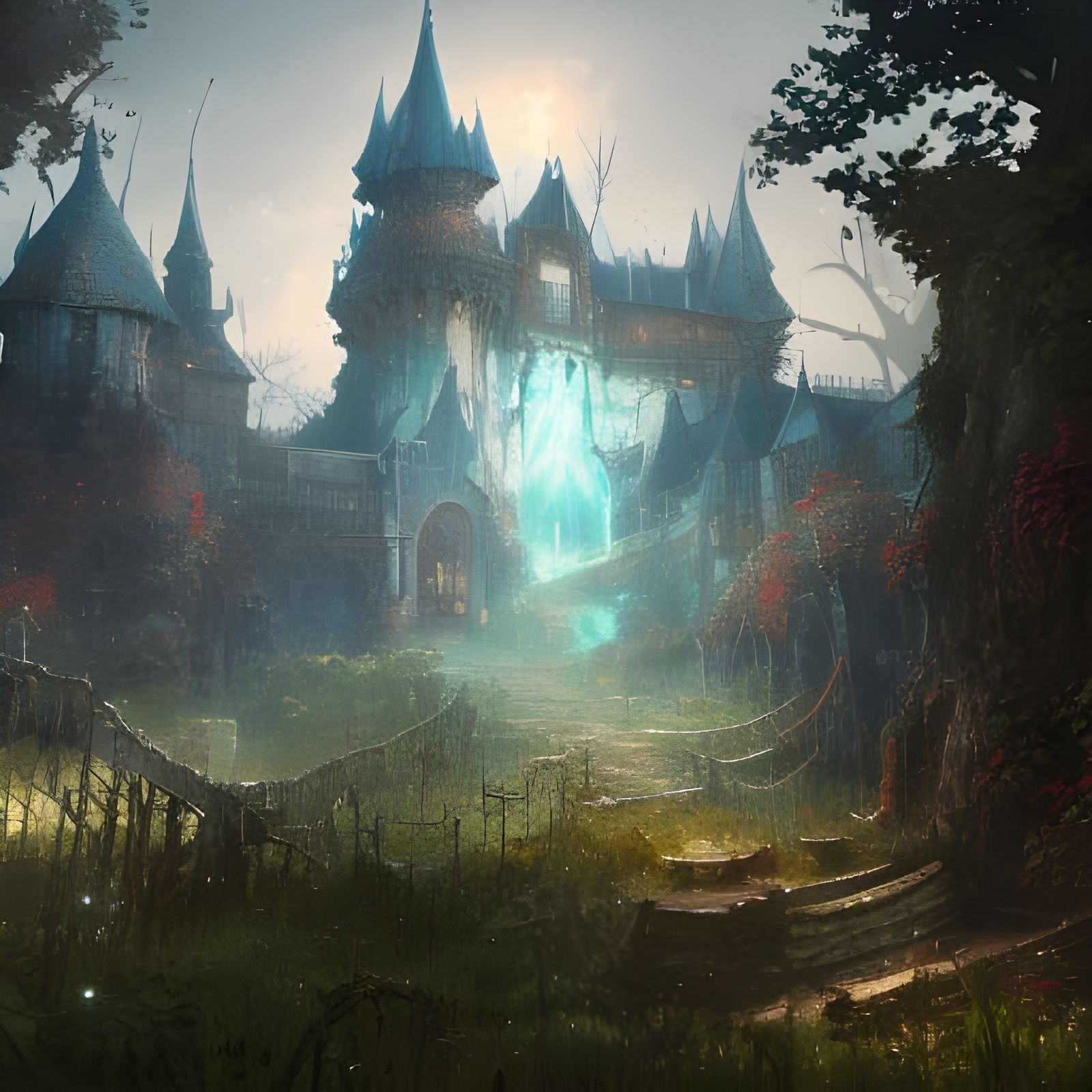 Overgrown Fantasy Castle in Orange and Teal