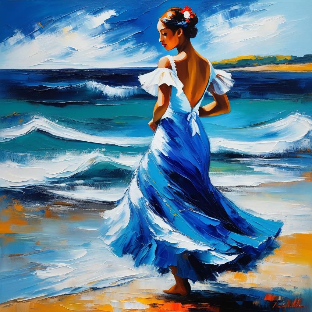 Flamenco Dancer on Beach as Impasto Acrylic Painting