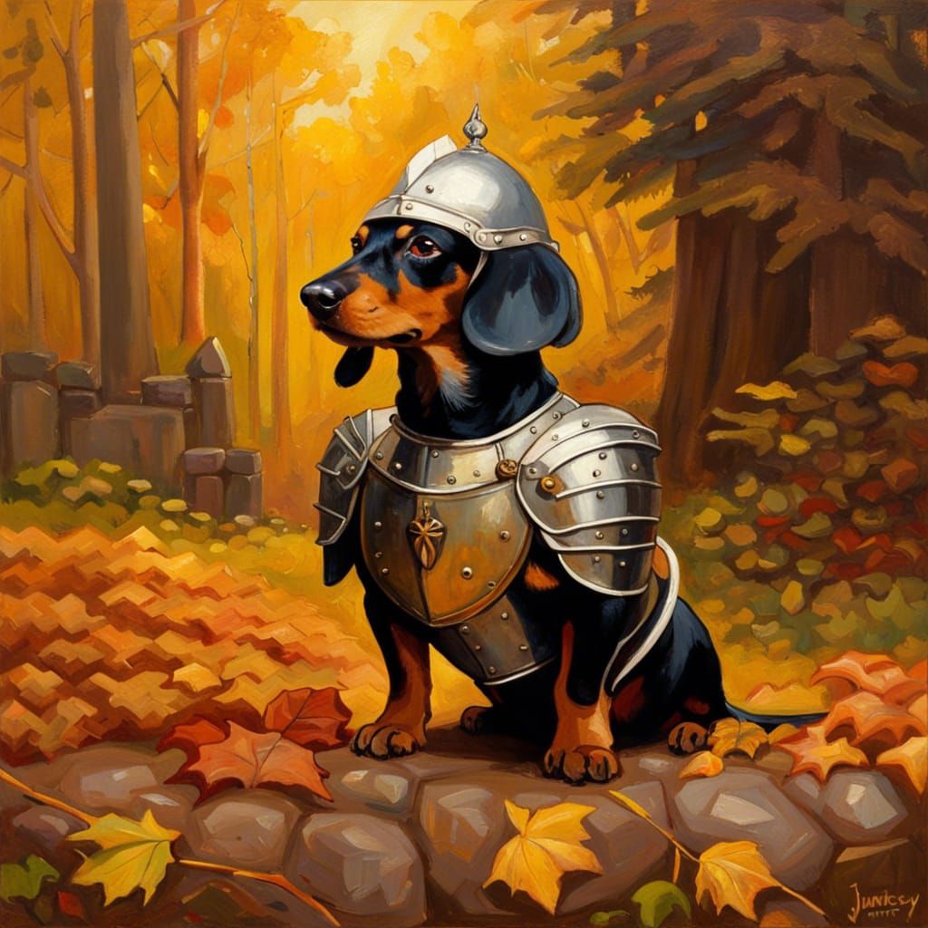 Gothic Cottagecore Dachshund Knight in Autumn Garden