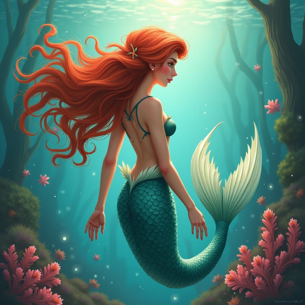 Auburn Mermaid Princess in Dreamlike Digital Painting