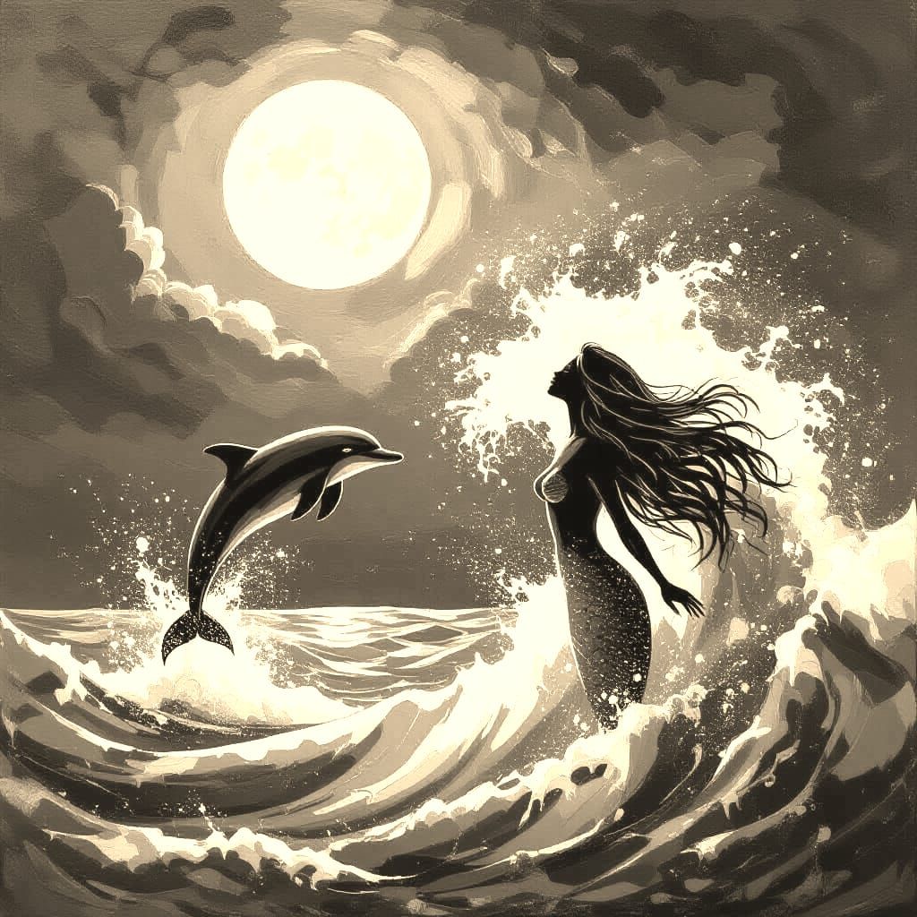Mermaid Silhouette in Stormy Sea Wave with Dolphin, Impressi...