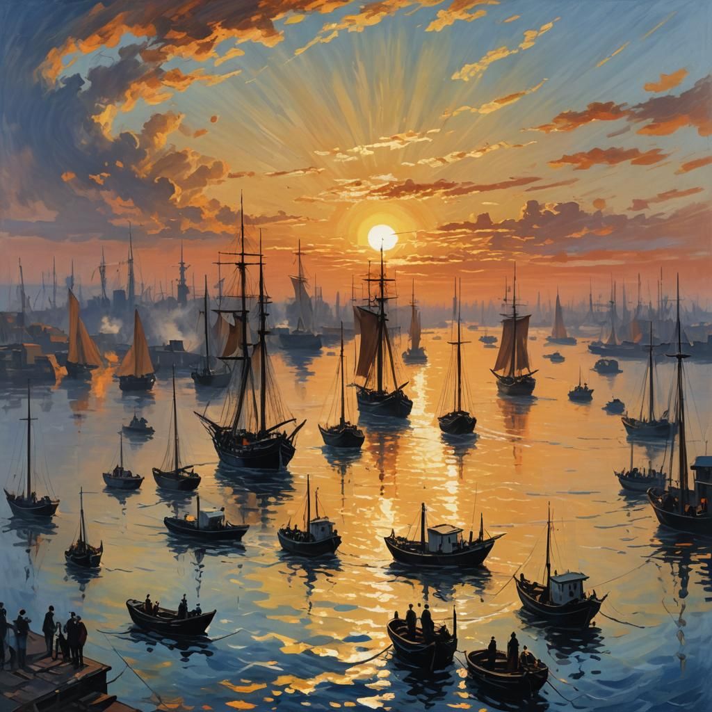 Bustling Port at Sunrise in Impressionist Style