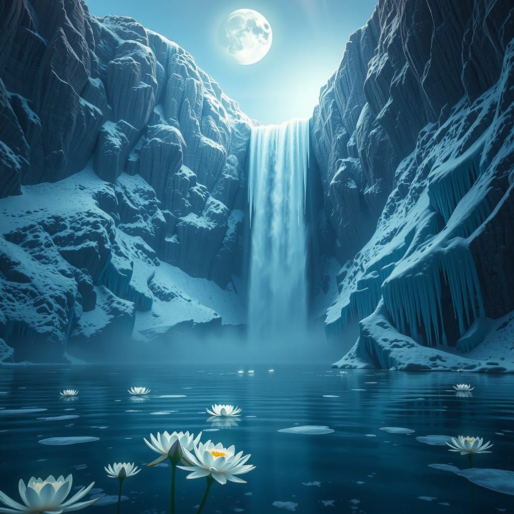 Frozen Waterfall Cascades Under Pale Moonlight
