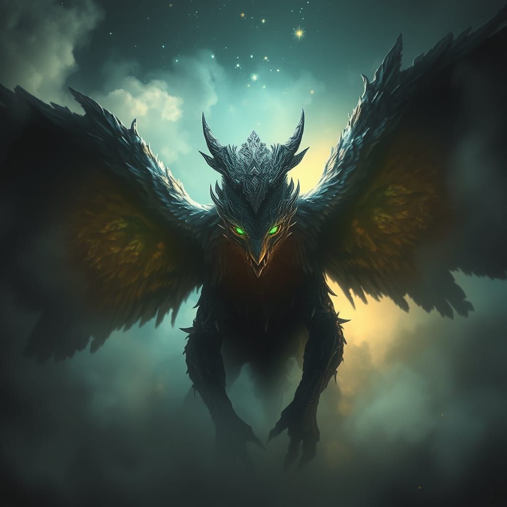 Epic Fantasy Creature with Silver Eyes and Dark Wings