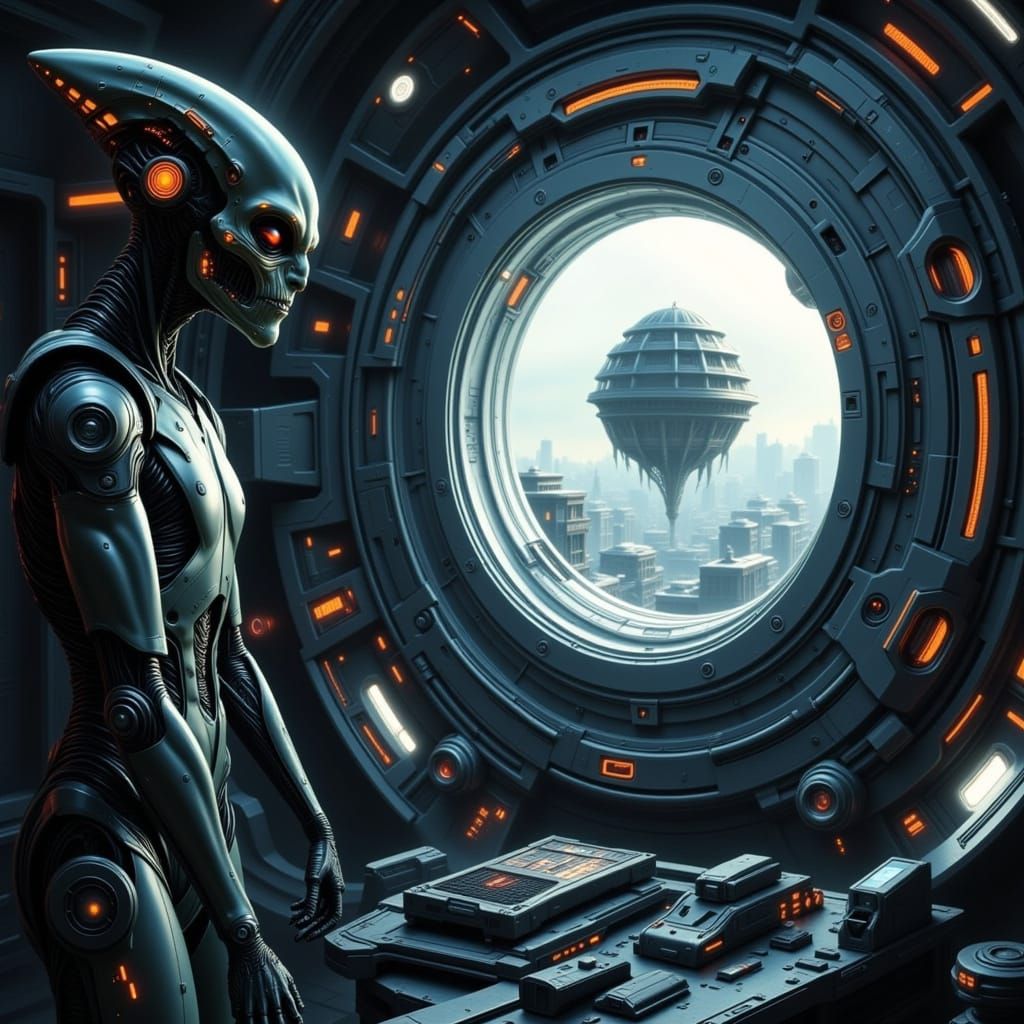 Aliens Aboard Spaceship Gaze Outward in Sci-Fi Art