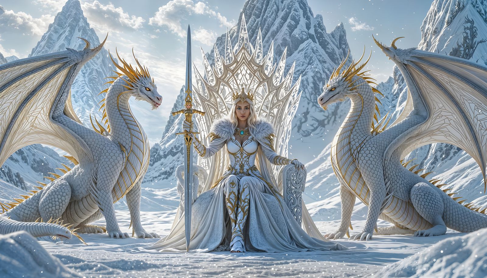 Warrior Queen on Ice Throne with Dragons