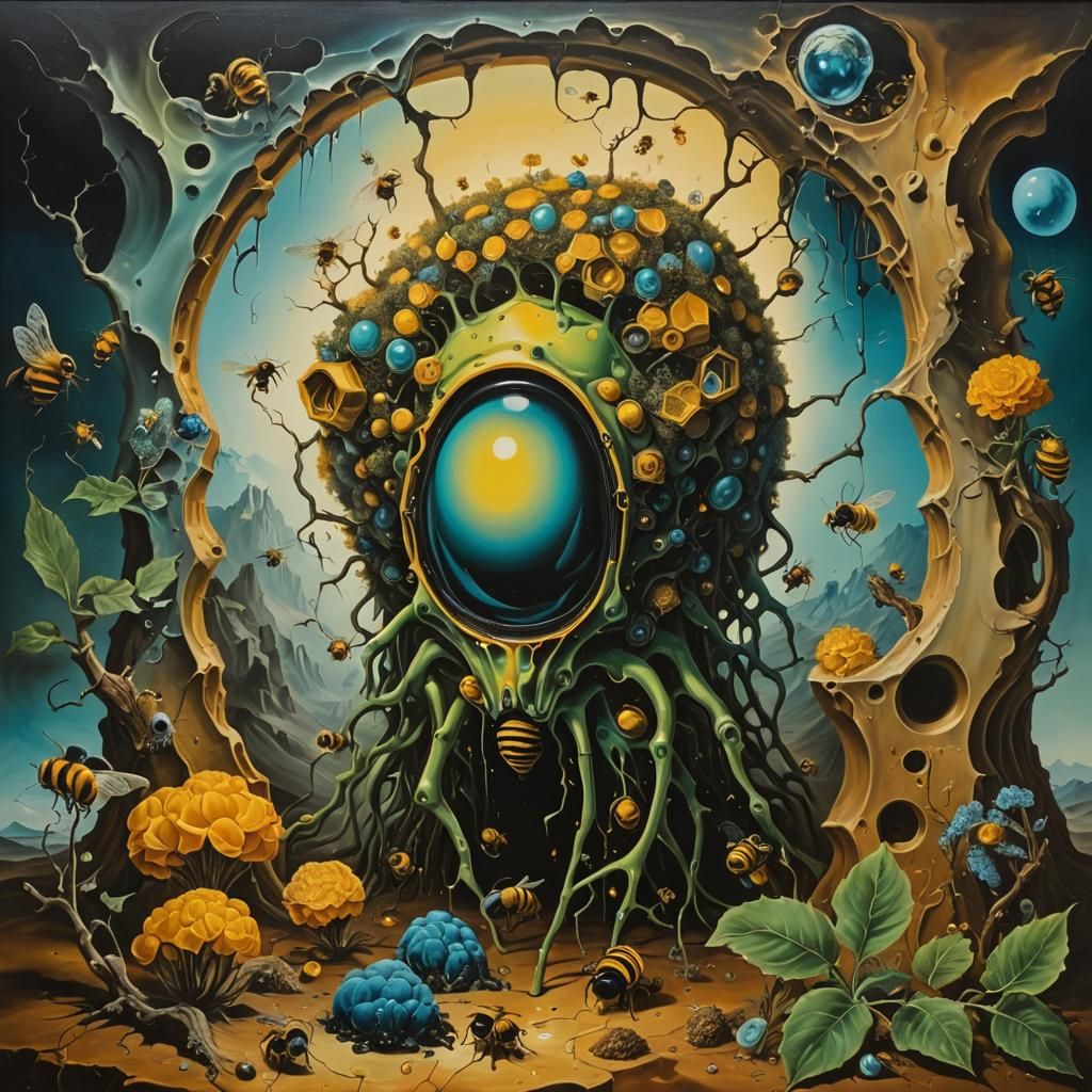 Surreal Beehive in Melting Oil Painting Style