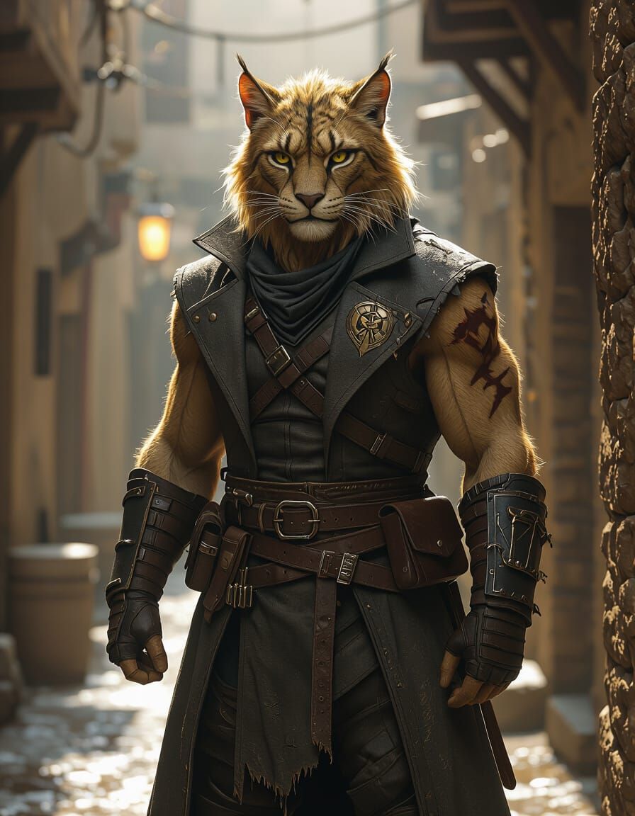 Leonine Warrior in Shadowy Alley: Cinematic Portrait