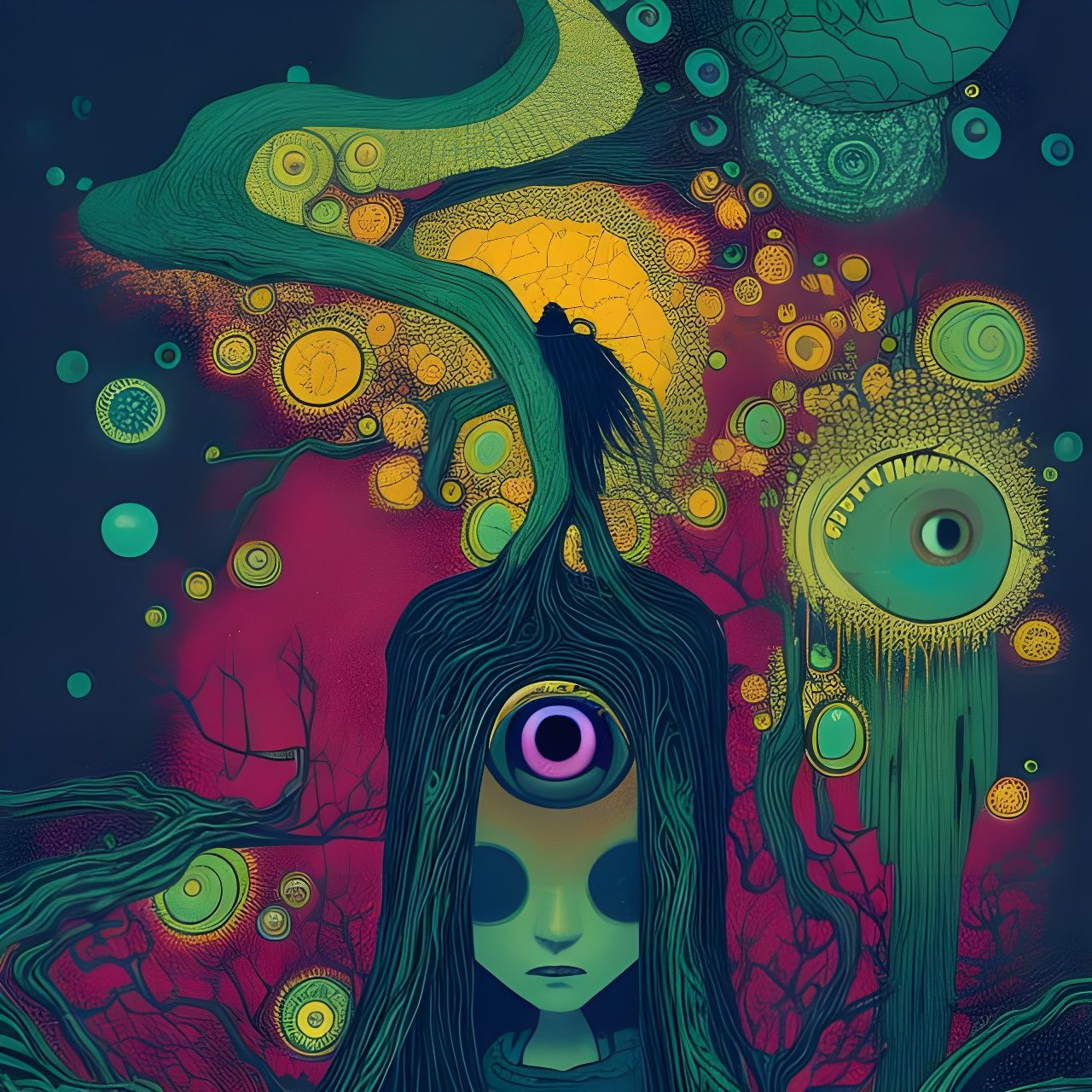 Psychedelic Eyeballs in Surreal Vibrant Dreamscape