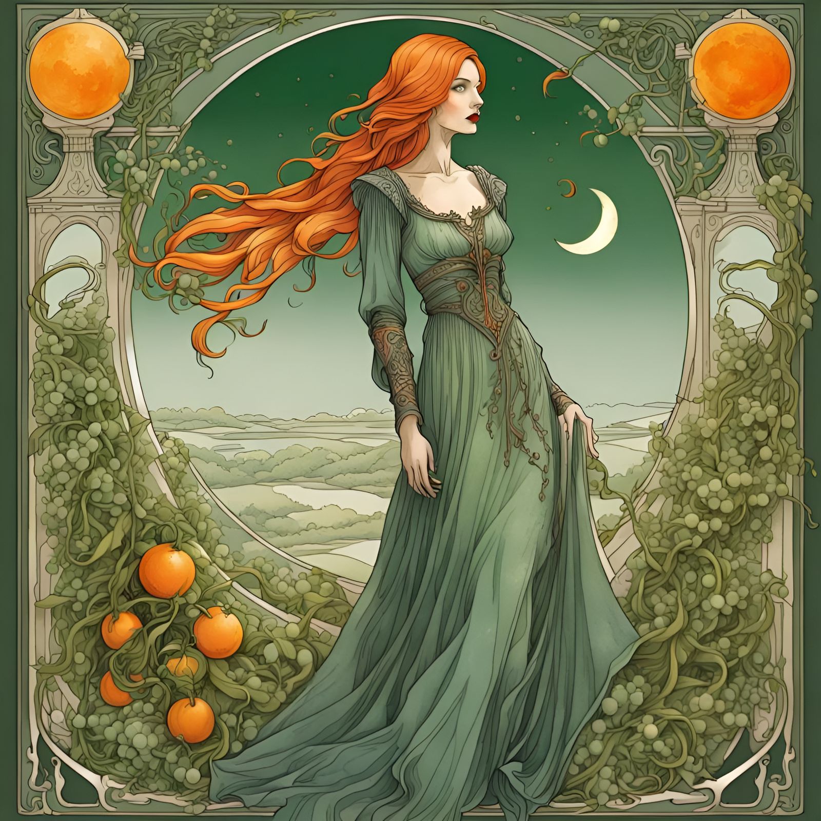 Art Nouveau Woman with Vines and Berries