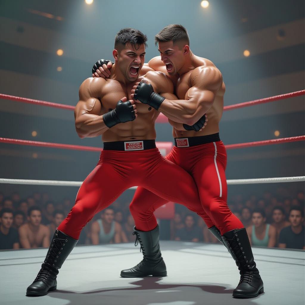 Wrestlers Sparring in Gym: Hyperrealistic Digital Art