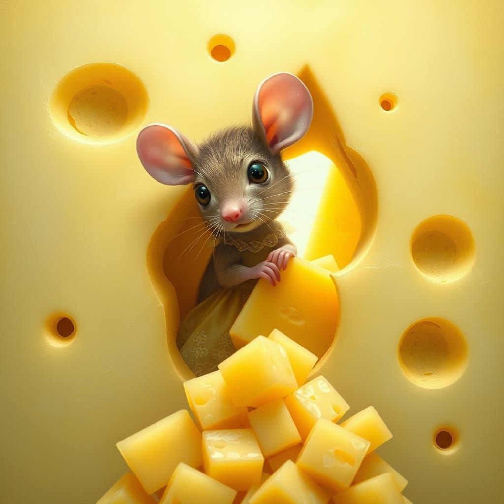 Mouse Struggles With Cheese in Dreamy Photorealistic Style
