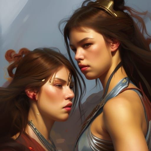 Warrior Sisters: Hyperdetailed Art Nouveau Portrait