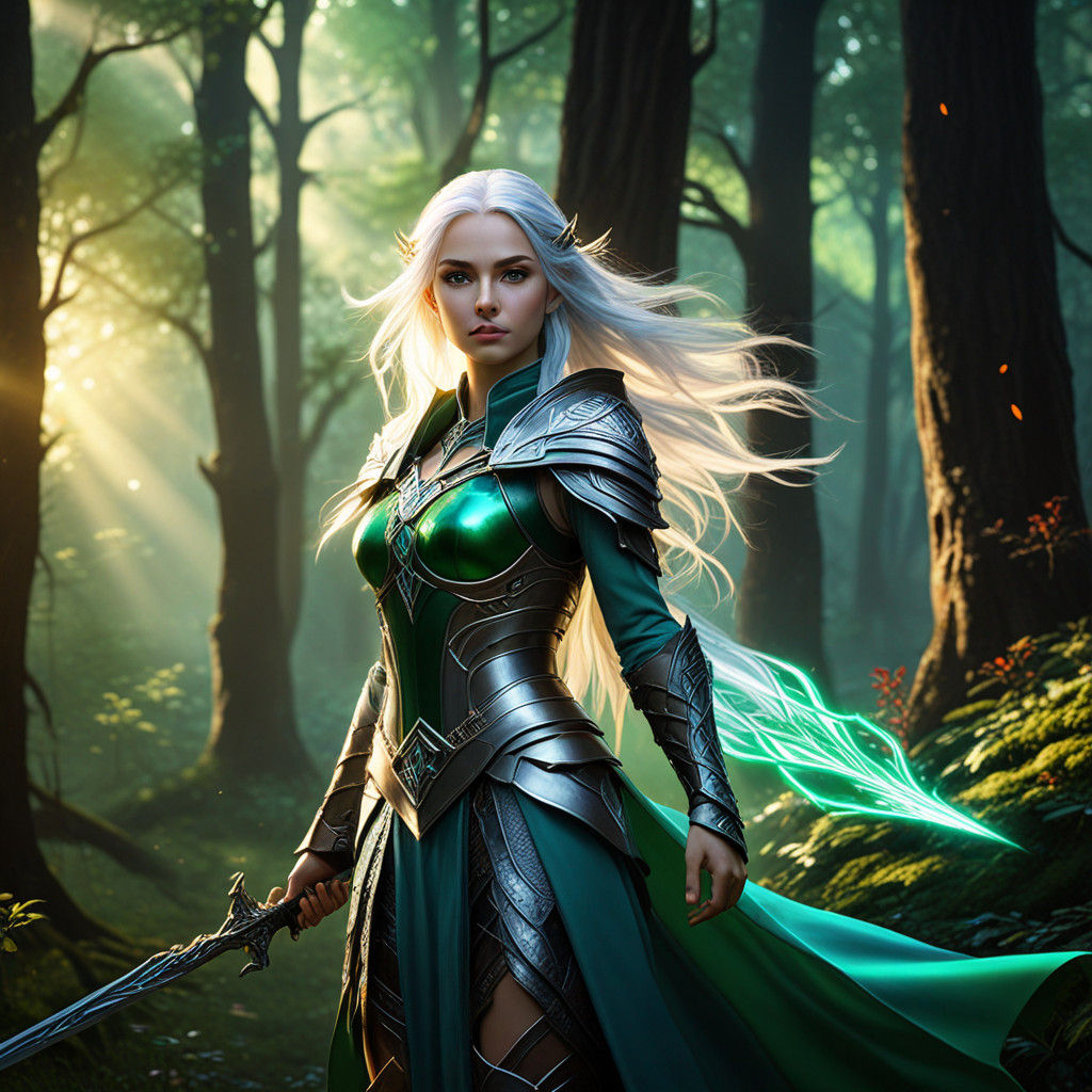 Regal Elvish Warrior in Vibrant Mystical Forest