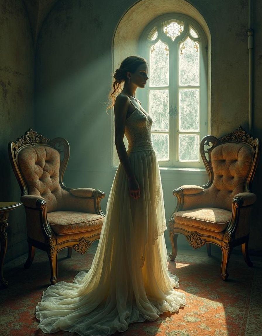 Victorian Ghost in Art Nouveau Chamber as Impasto Painting