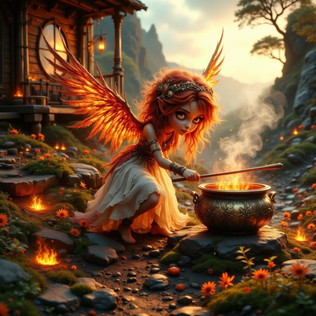 Whimsical Flame Angel in Cozy Cottage Garden