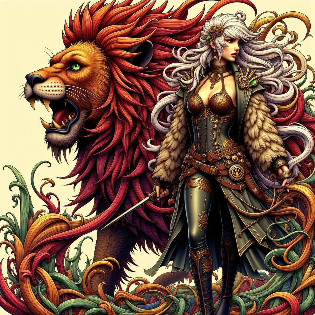 Crimson Lion and Warrior Woman in Art Nouveau Punk Style