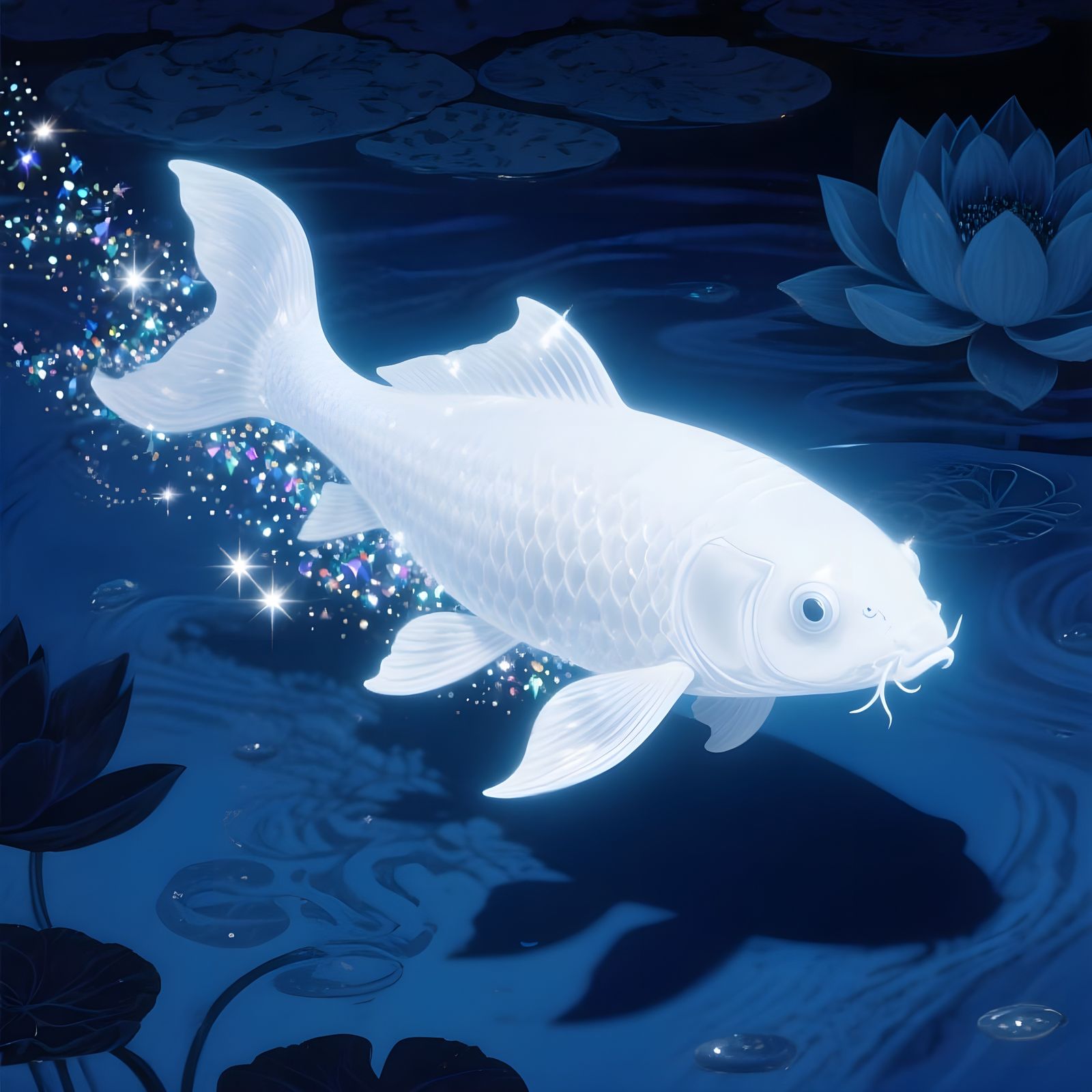 Ghostly White Koi Fish Swims in Midnight Blue Water