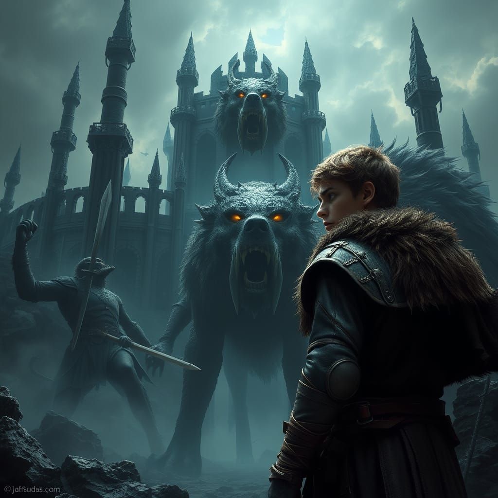 Dark Fantasy Wolf Battles Worn Warrior in Foreboding Fortres...