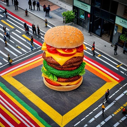 Towering Hamburger Chalk Art on City Pavement