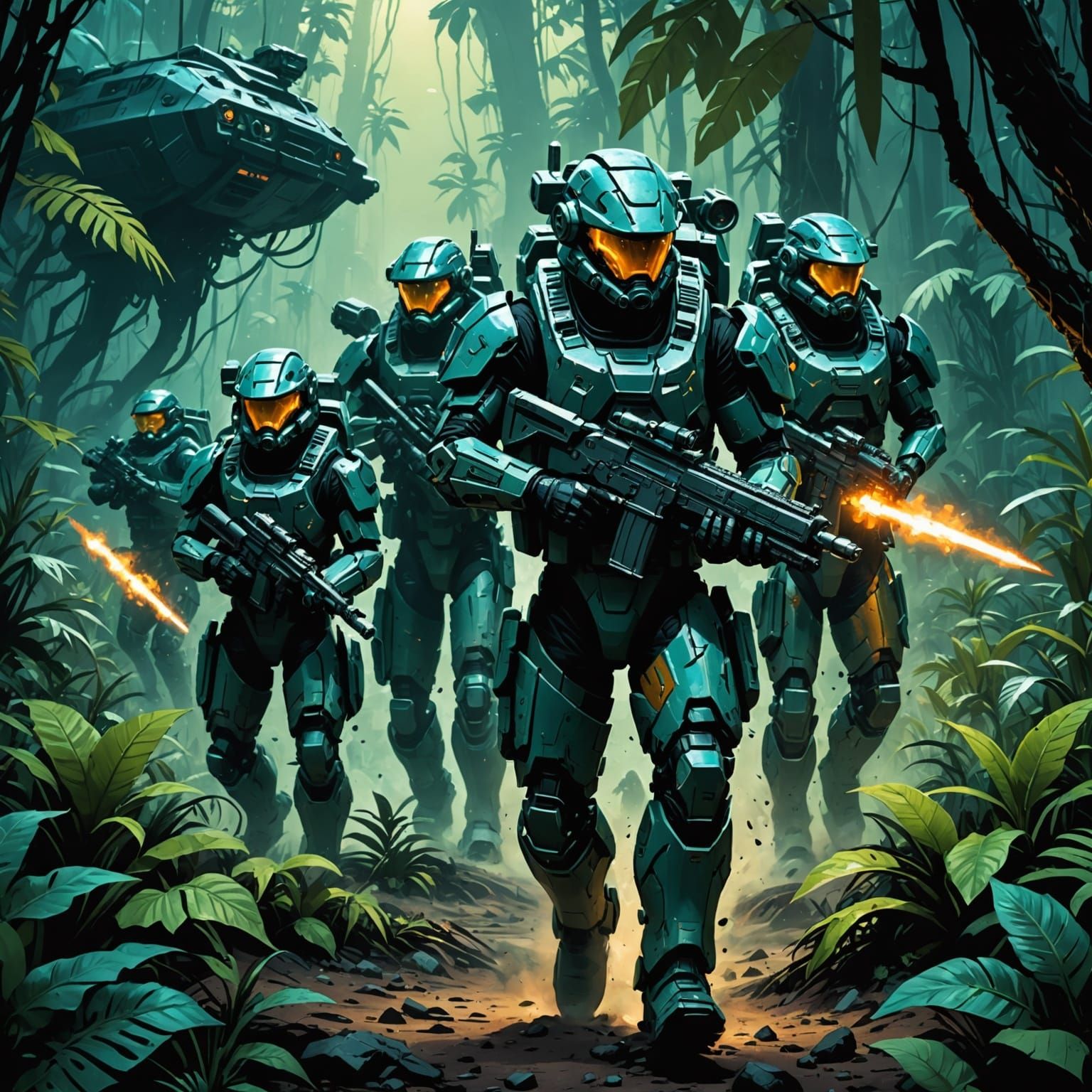 A squad of futuristic mobile infantry soldiers advancing thr...