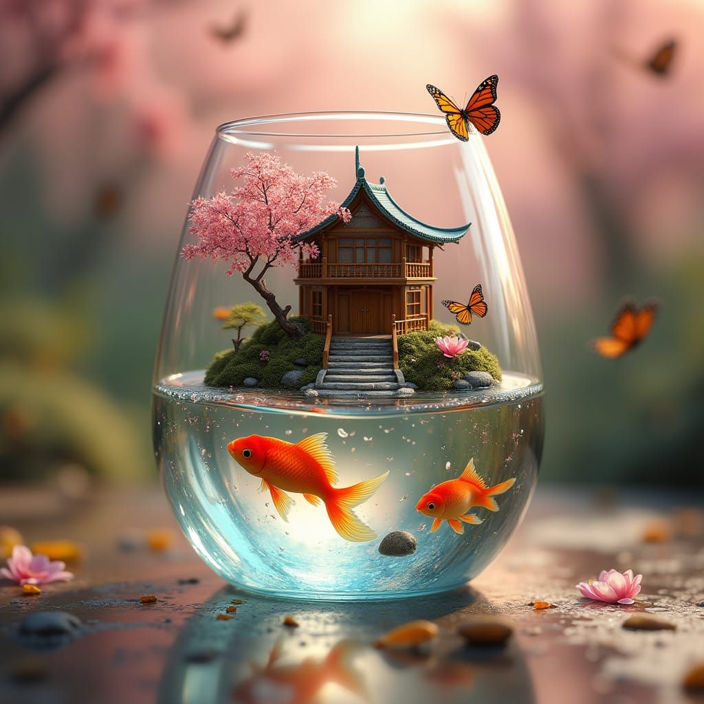 Surreal Wineglass World with Vietnamese House and Blossoms