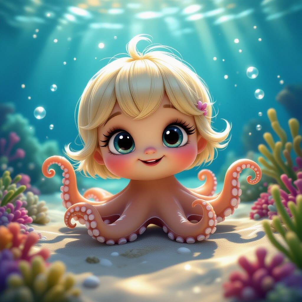 Cute Baby Octopus with Blonde Bangs Underwater in Pixar Styl...