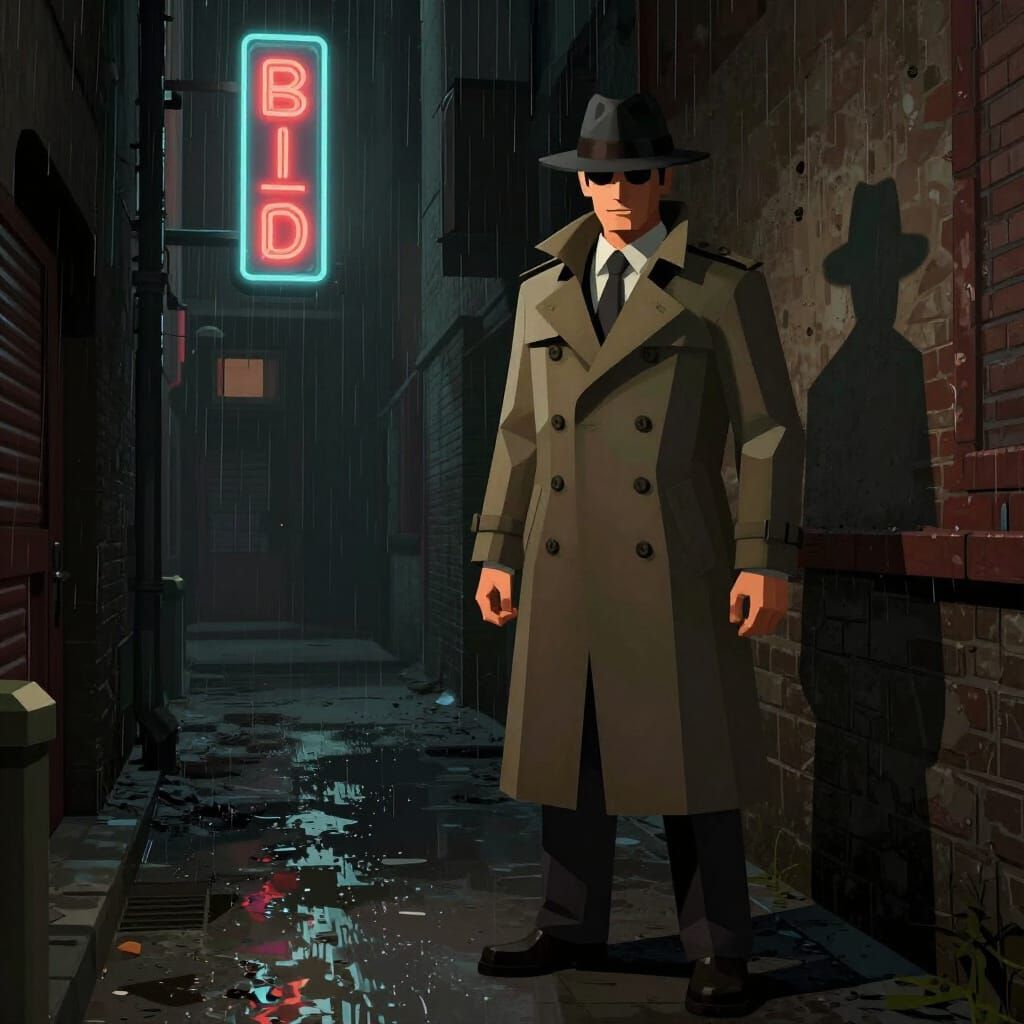 Noir Detective in Shadowy Alleyway, PS1 Horror Style
