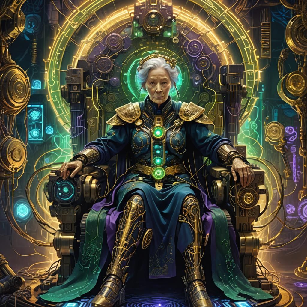 Cybernetic Woman on Throne: Fantasy Digital Art