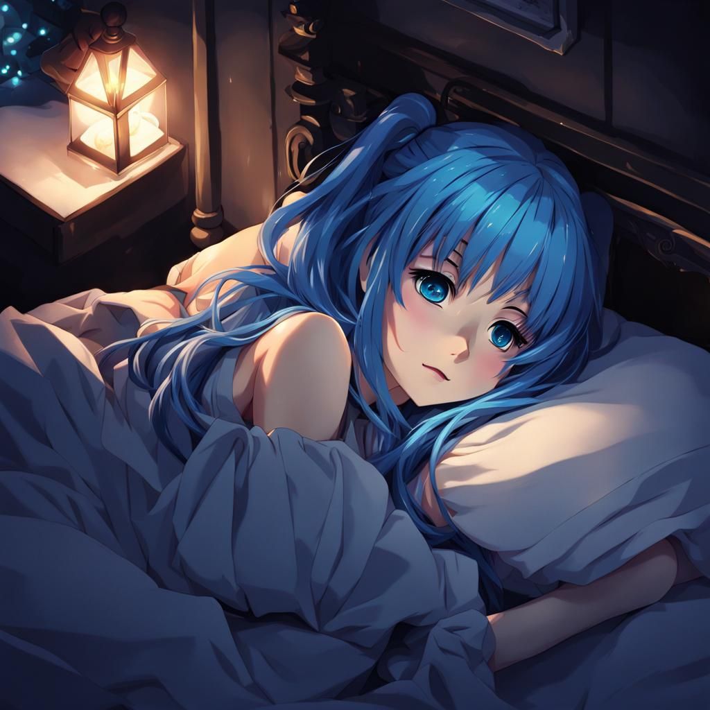 Anime Blue-Haired Girl Asleep in the Night