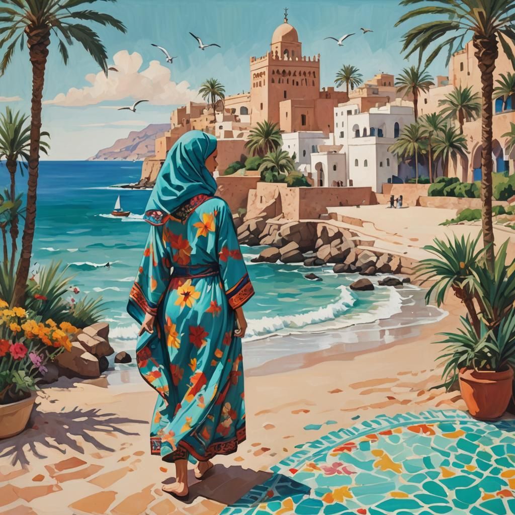 Moroccan Coastline with Woman in Kaftan, Art Style
