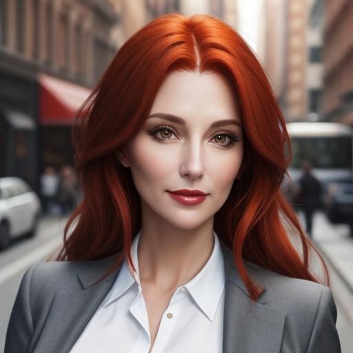 Attractive Woman in Gray Suit on City Street