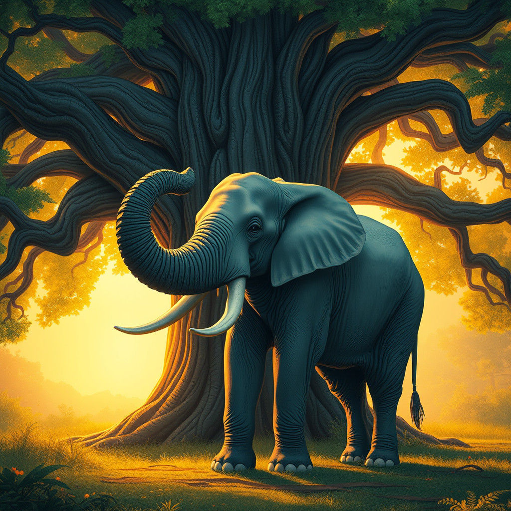 Majestic Elephant in Dreamlike Jungle Illustration