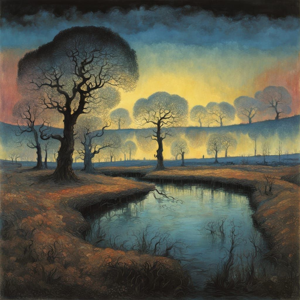 Dreamlike Landscape with Lake and Ancient Oak Trees at Sunse...