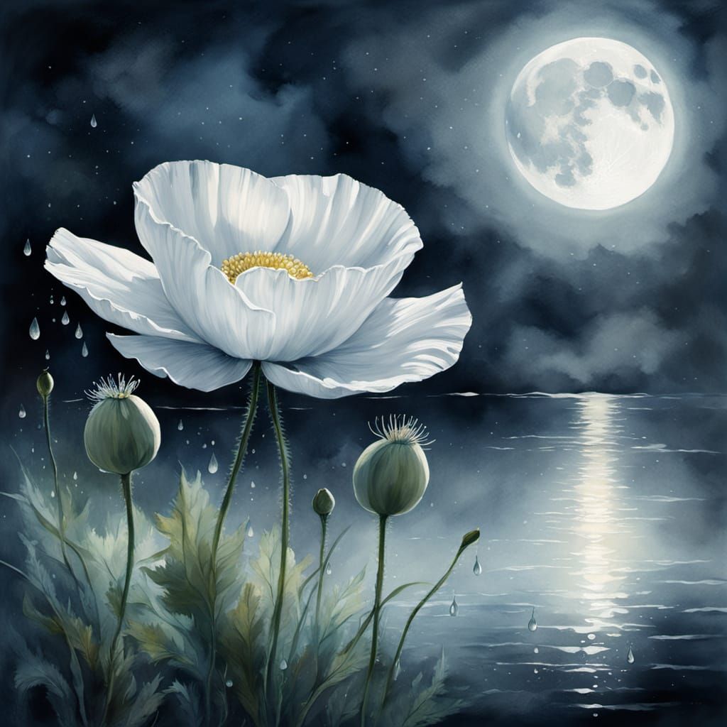 Serene White Poppy in Moonlight Watercolor Painting