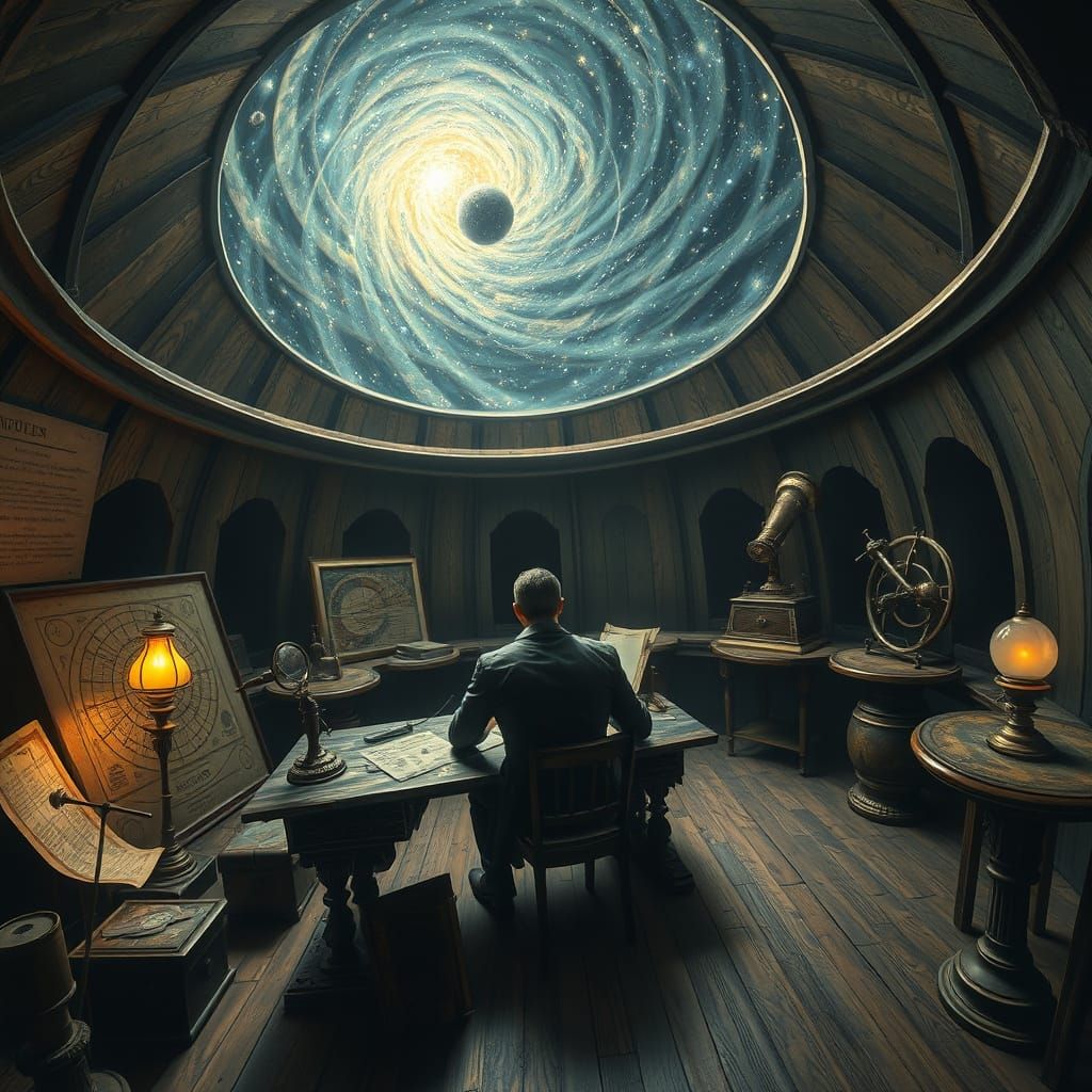 Scholar Contemplates Cosmic Vortex in Hyperrealistic Observa...