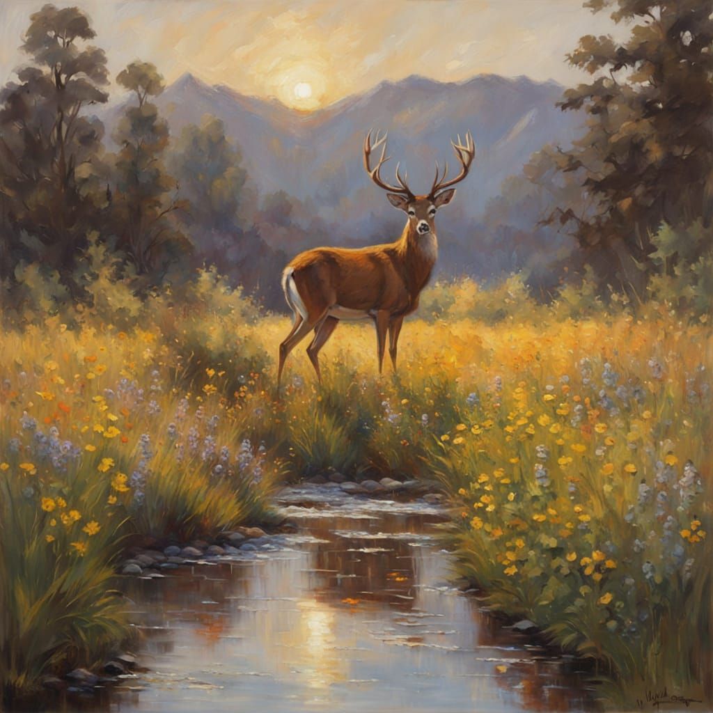 Golden Hour Meadow with Deer, Neo-Impressionist Style
