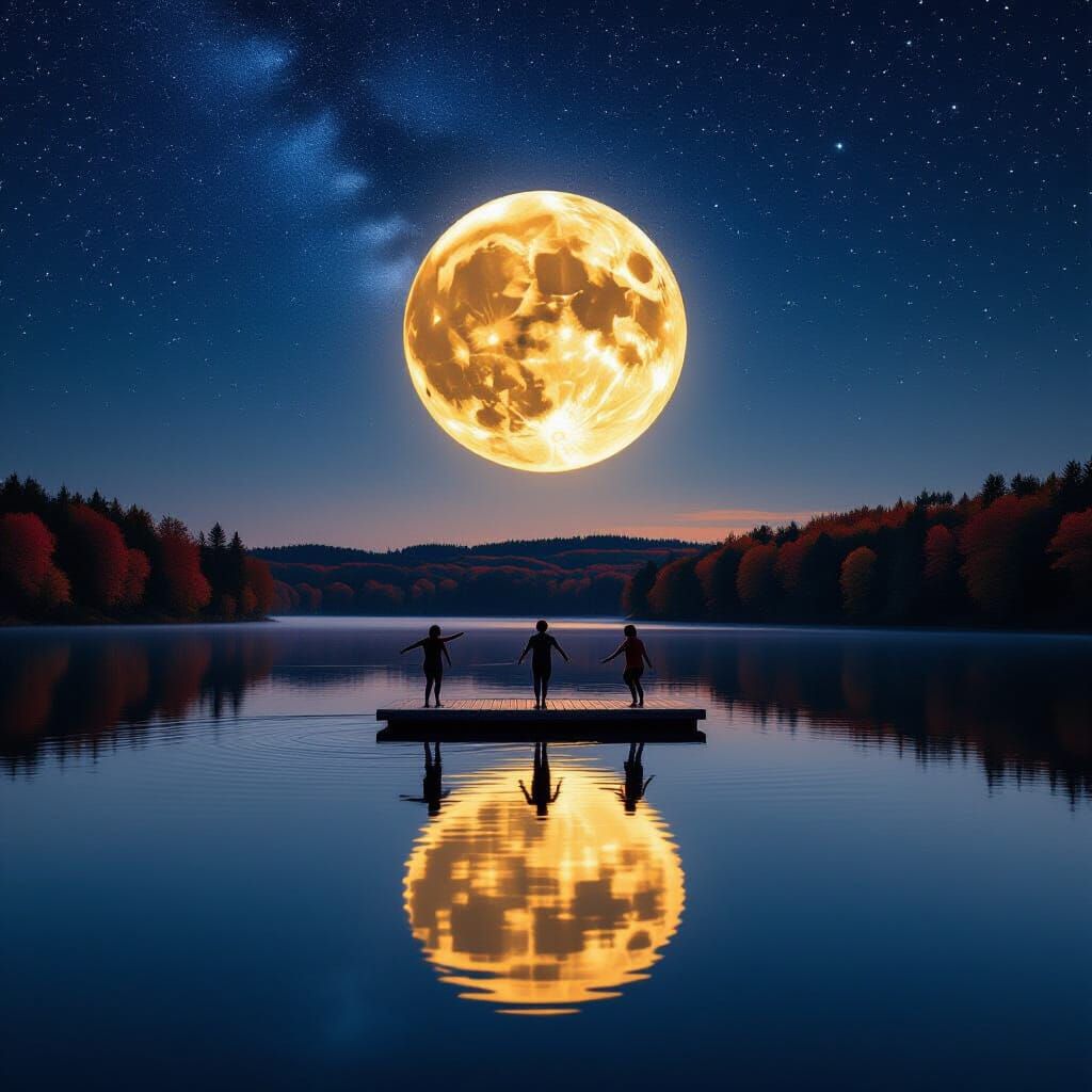 Surreal Lake Scene with Teens Under Moonlight