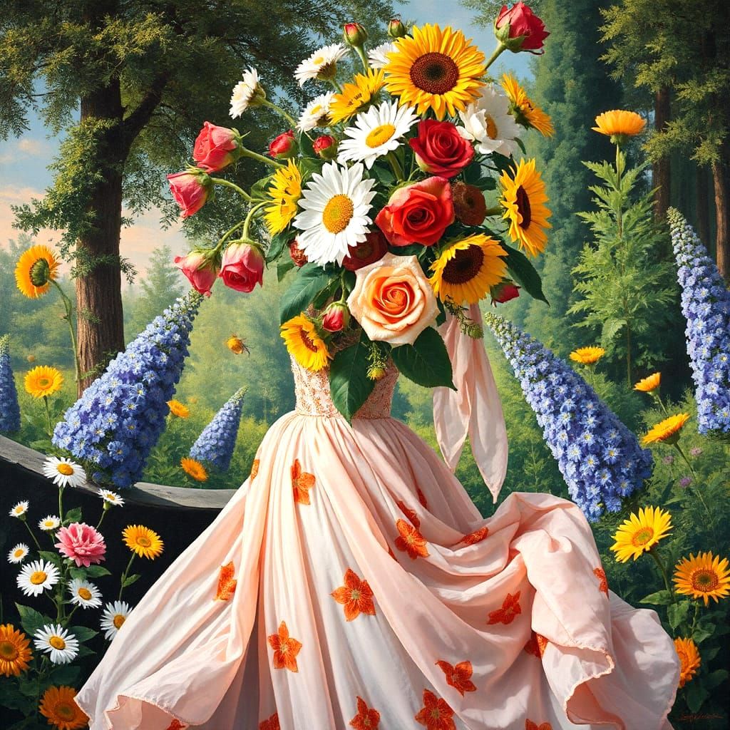 Woman Blooms with Floral Headpiece in Vibrant Colors