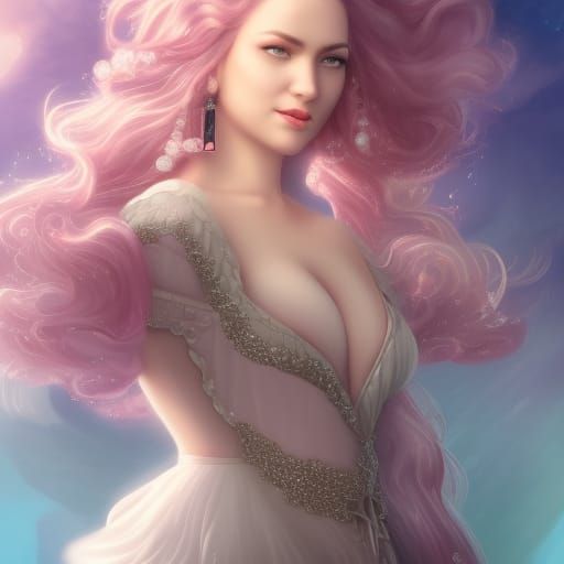 Woman with Pink Hair in Pearl White Dress