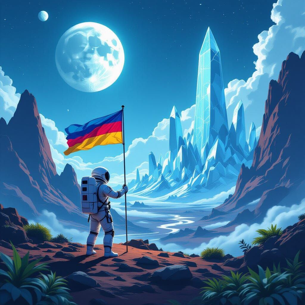 Astronaut Plants Flag on Alien World with Crystal Spires
